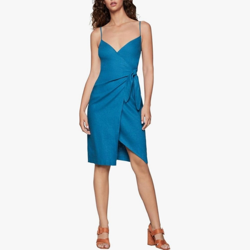 BCBGeneration Linen Strappy Sheath Wrap Dress Womens S Electric Blue
